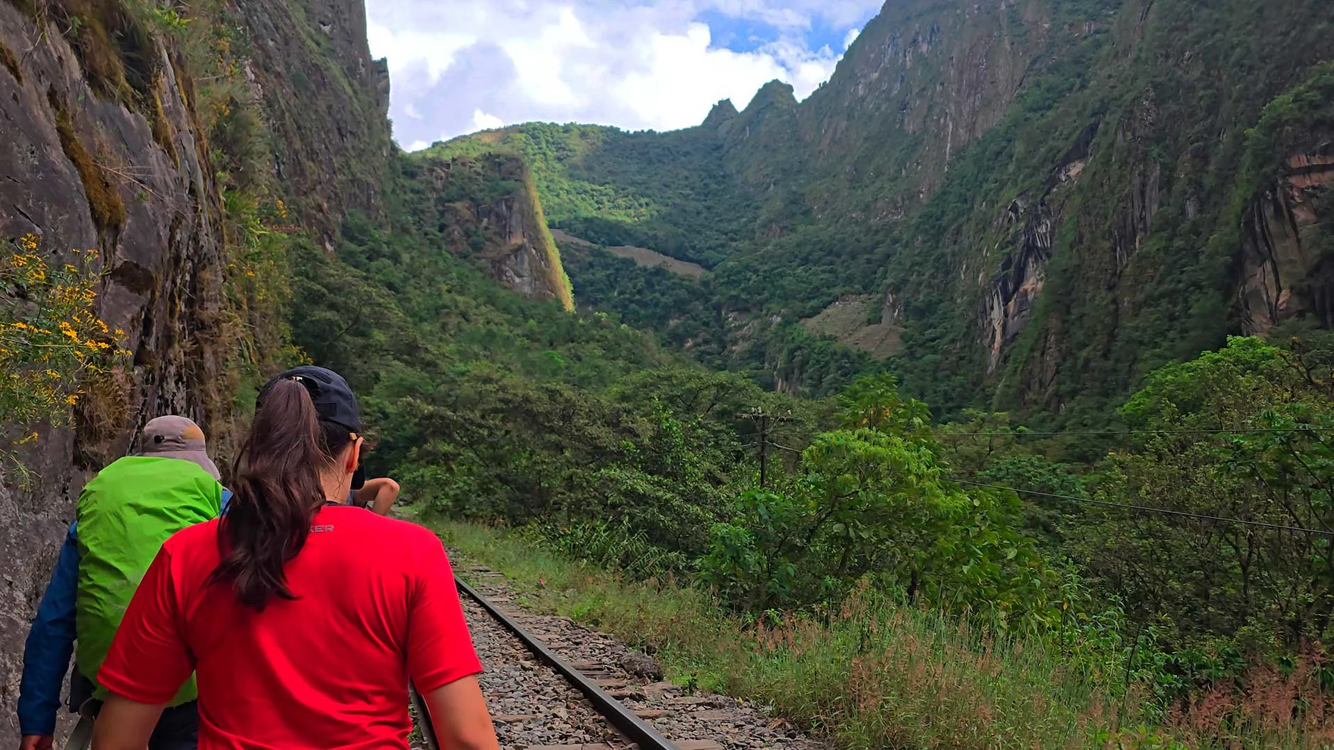 Tourists walking to Aguas Calientes along the railway on the Inca Jungle trail | Conde Travel Adventures