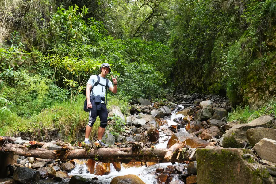 Trekker balancing on a log bridge crossing a shallow jungle stream in Chaullay | Conde Travel Adventures