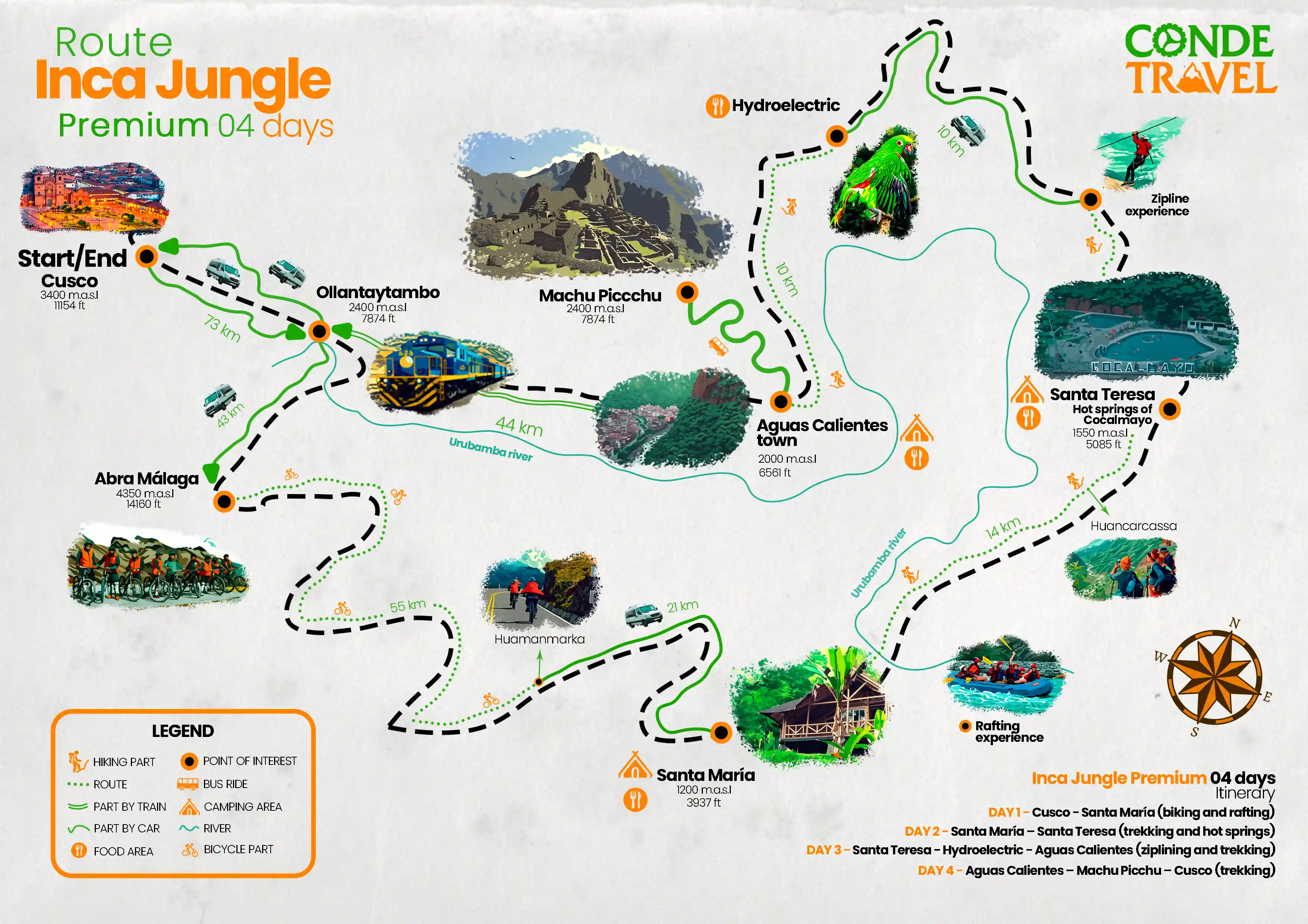 Map of the Premium Inca Jungle Trail 4-Day to Machu Picchu | Conde Travel Adeventures