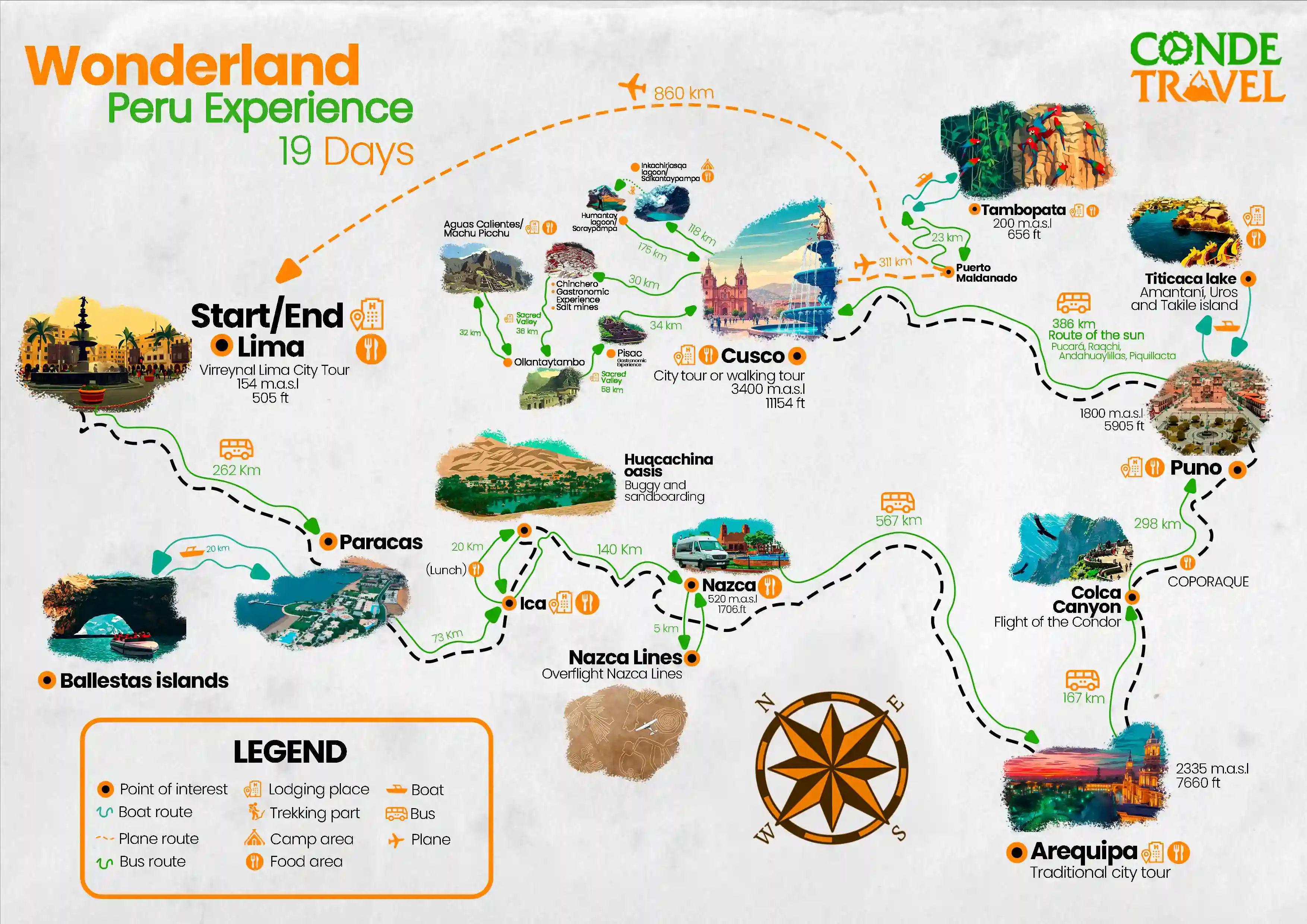Map of the Wonderland Peru Experience 19-Day Tour Itinerary | Conde Travel Adventures