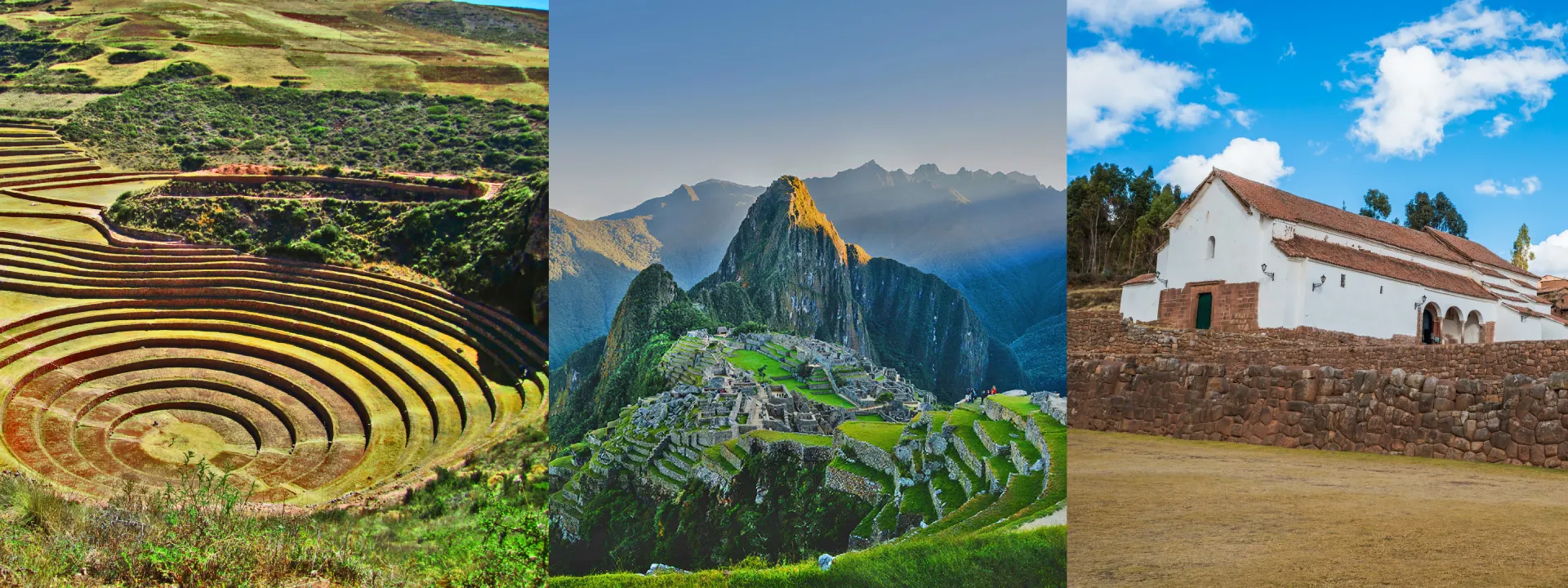 Panoramic collage of Moray terraces, Machu Picchu citadel, and Chinchero town in Peru's Sacred Valley | Conde Travel Adventures