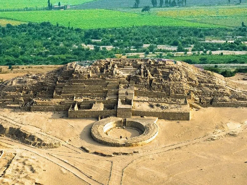 Sacred City of Caral Supe in Peru with pyramids and circular plaza