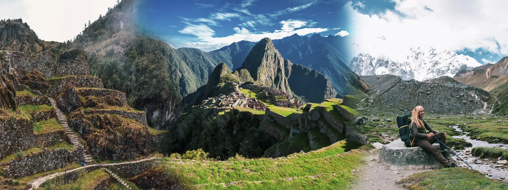 Panoramic collage of Inca Trail ruins, Machu Picchu citadel, and Salkantay trek hiker in the Peruvian Andes | Conde Travel Adventures