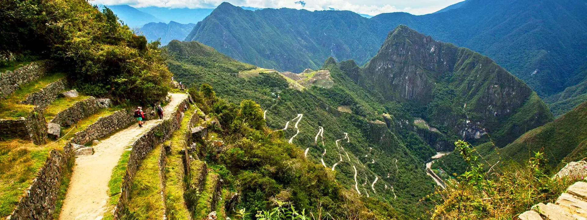 Group of hikers trekking the historic Inca Trail to Machu Picchu through scenic Andes landscapes | Conde Travel Adventures