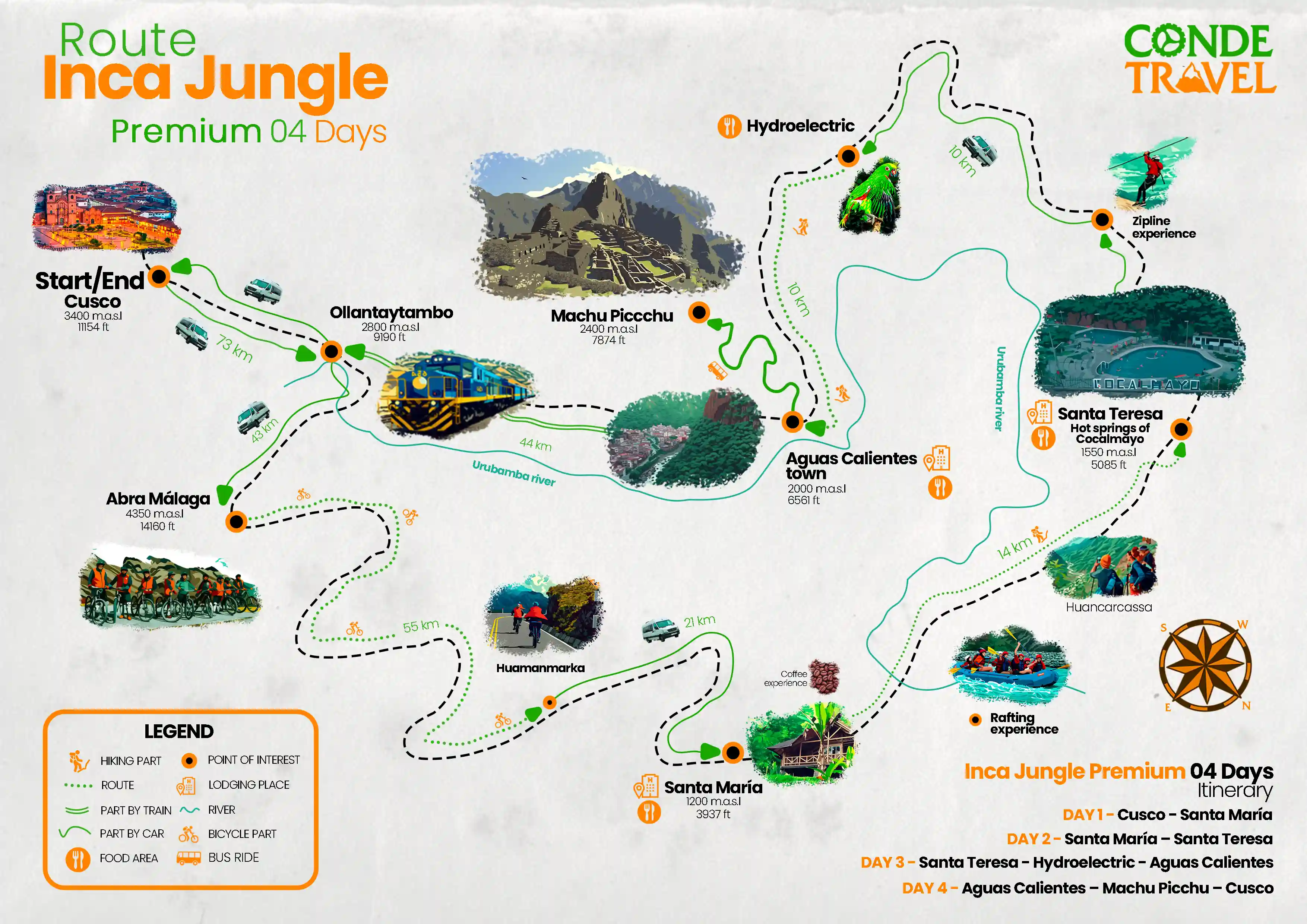 Map of the Premium Inca Jungle Trail – 4-Day Multisport Route to Machu Picchu | Conde Travel Adventures