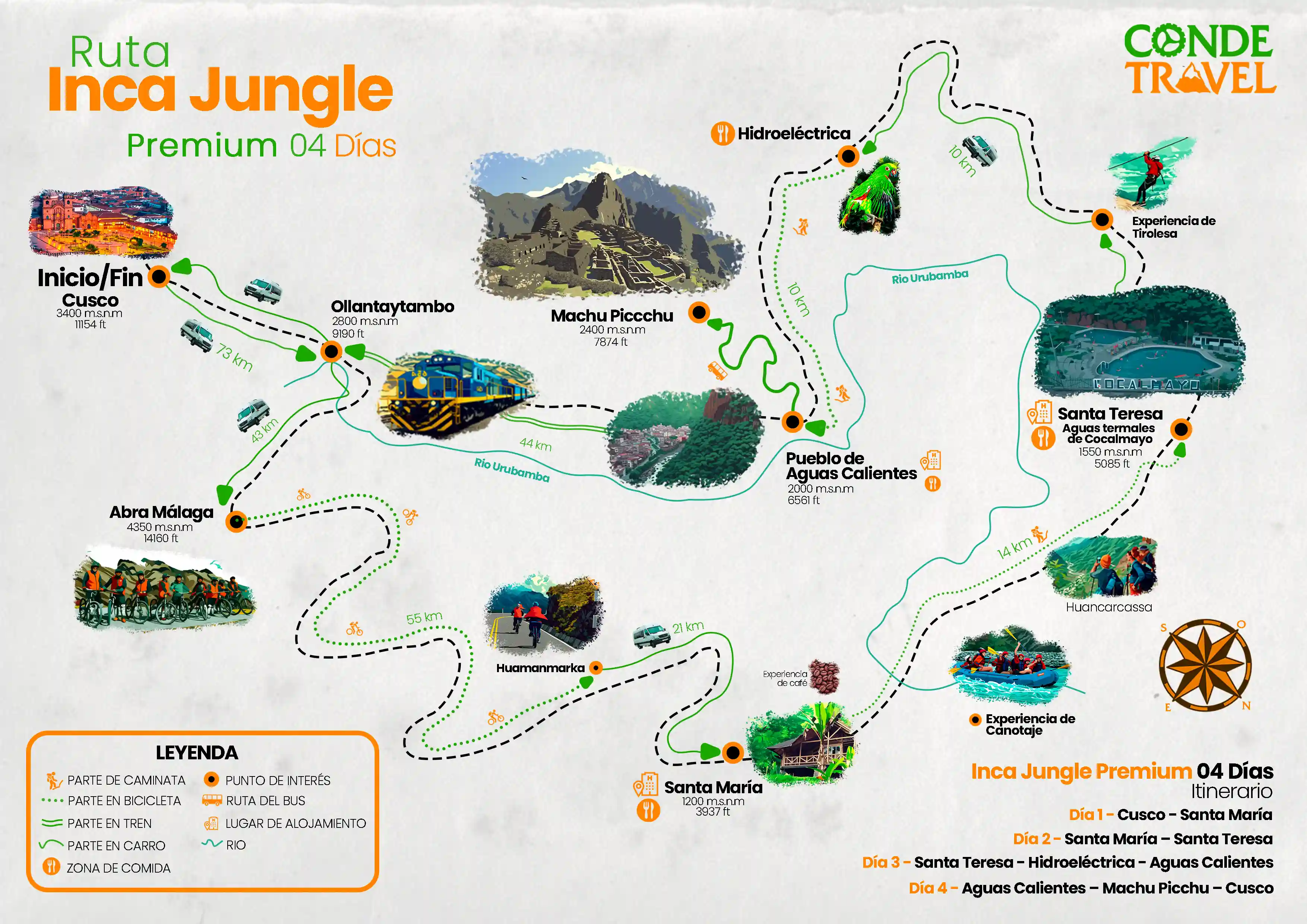 Mapa del Inca Jungle Premium de 4 días hacia Machu Picchu, Perú | Conde Travel Adventures
