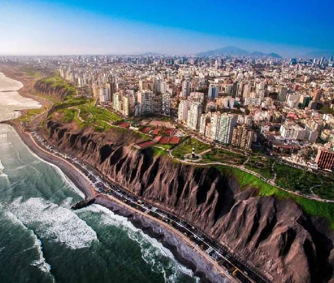 Aerial view of the Miraflores cliffs in Lima Peru overlooking the Pacific Ocean