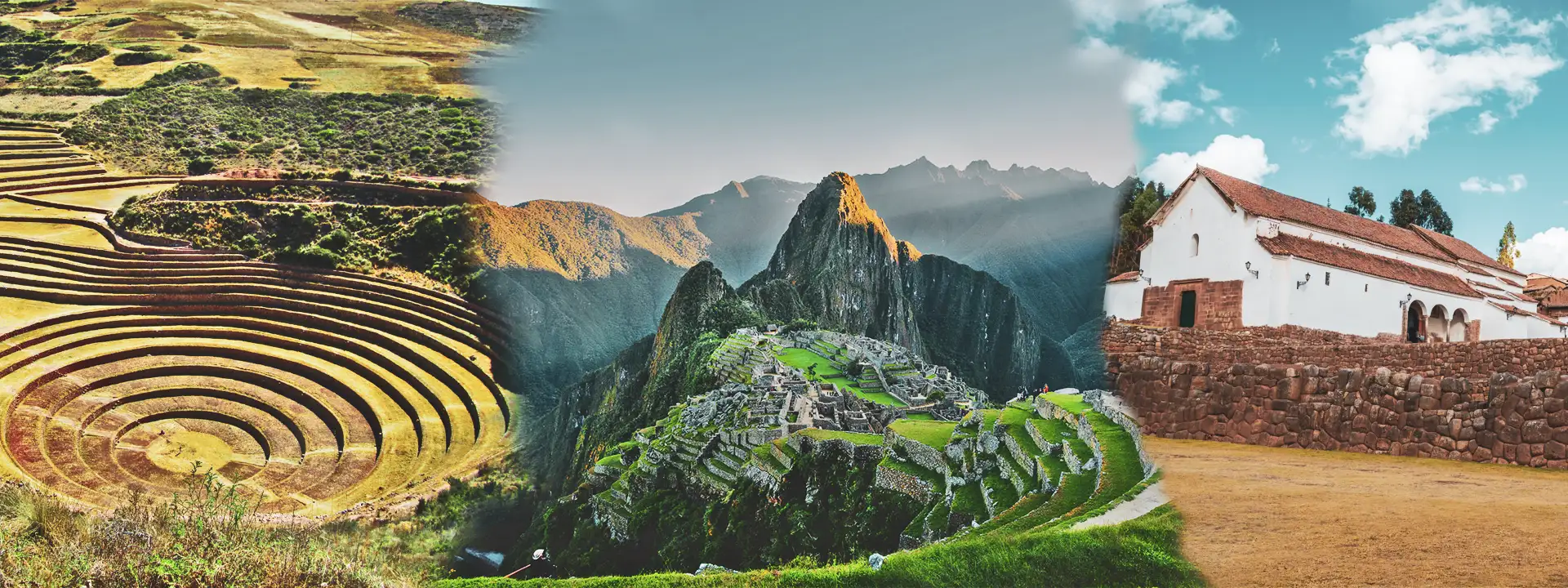 Panoramic collage of Moray terraces, Machu Picchu citadel, and Chinchero colonial town in Peru's Sacred Valley | Conde Travel Adventures
