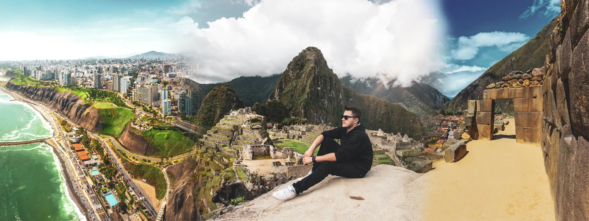 Panoramic collage of Peru showing Lima’s coastal skyline, the ancient ruins of Machu Picchu, and the Sacred Valley, with a traveler enjoying the view – perfect for Peru travel inspiration | Conde Travel Adventures