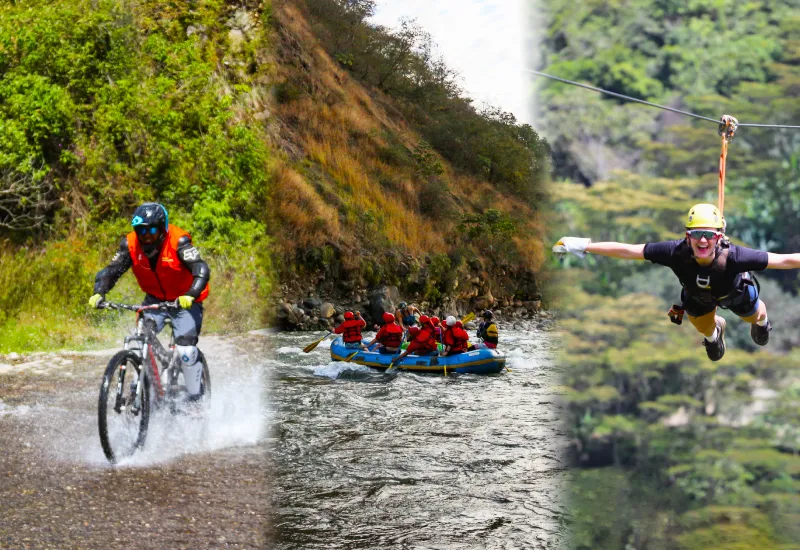 Inca Jungle Trek activities including biking, rafting and ziplining in the jungle