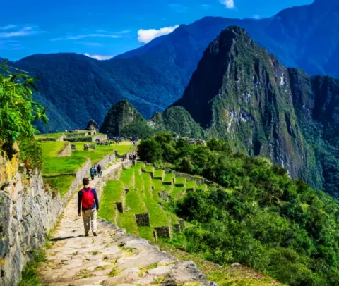 Panoramic view from the Short Inca Trail overlooking Machu Picchu in the Andes Mountains of Peru | Conde Travel Adventures
